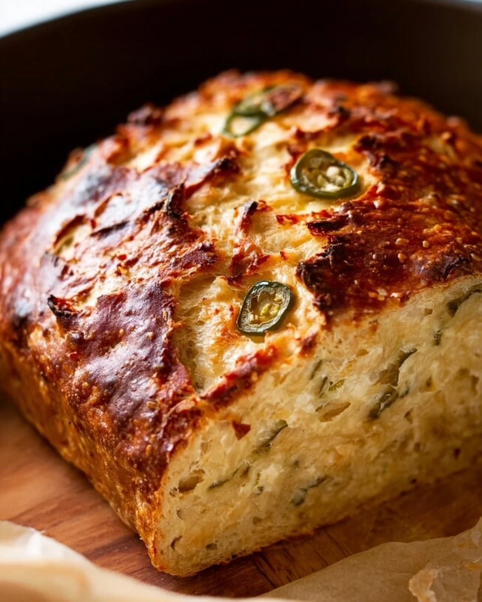 Freshly baked no-knead jalapeño cheddar bread loaf
