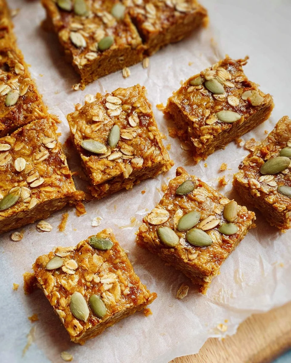 Delicious oatmeal pumpkin bars on a wooden table, perfect for snacks and treats.