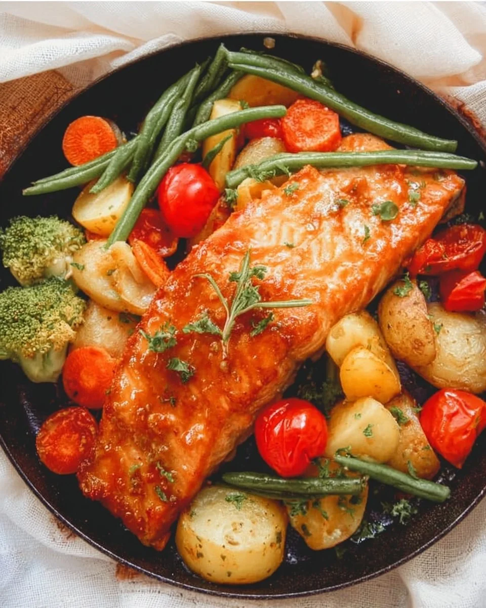 One pan maple salmon with colorful vegetables on a plate