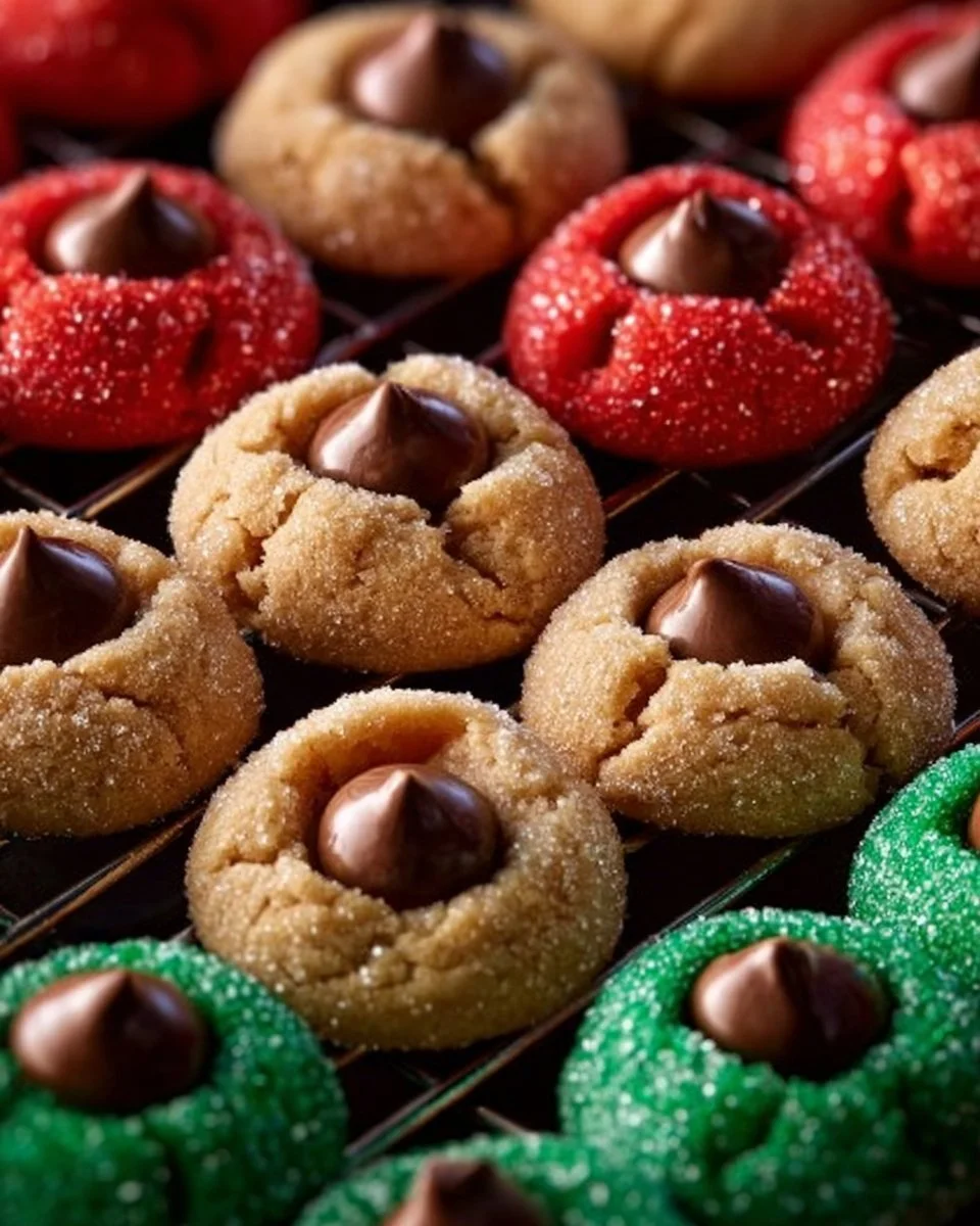 Freshly baked Peanut Butter Blossoms with chocolate kisses on a cooling rack.