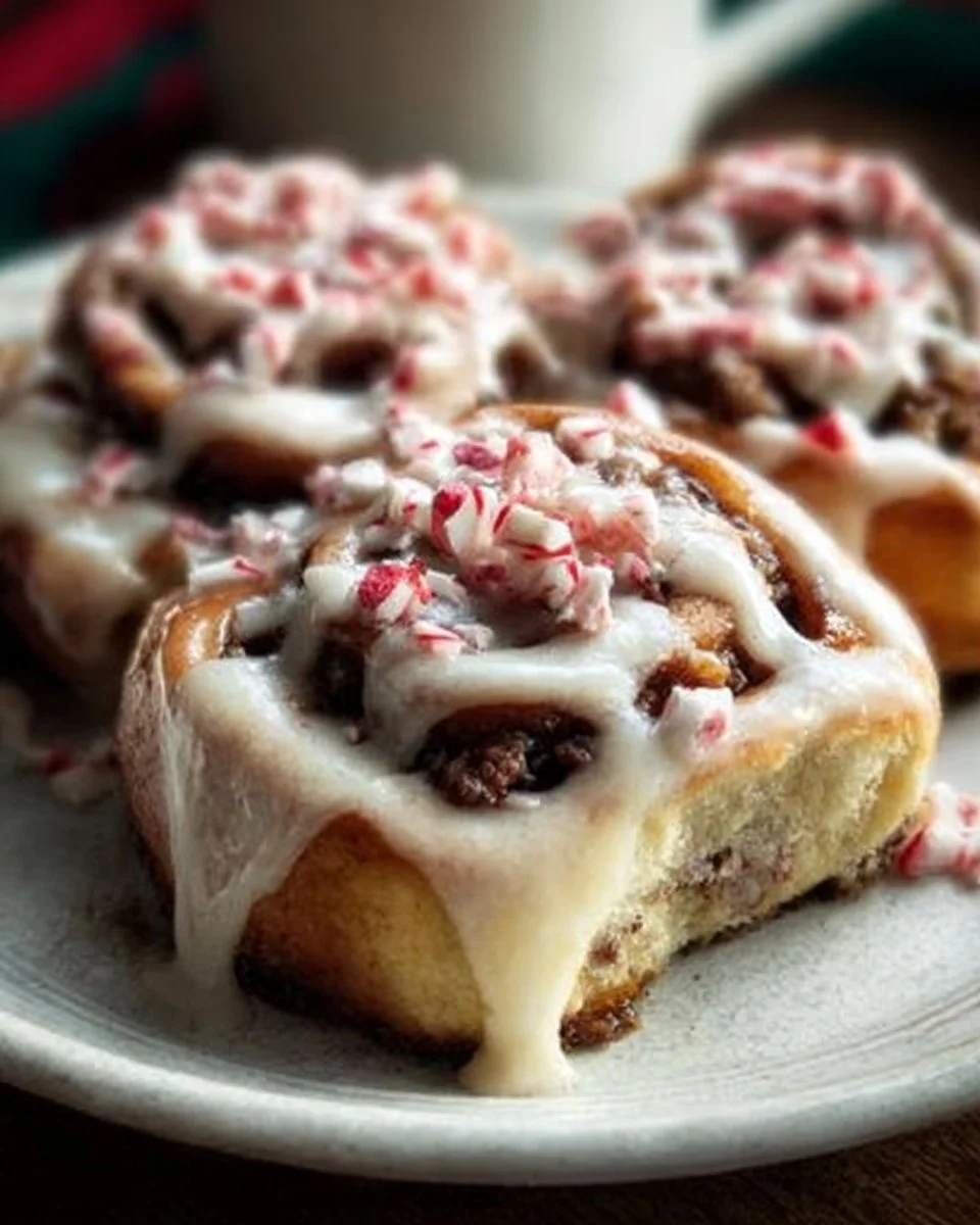 Delicious peppermint bark cinnamon rolls topped with festive peppermint candy