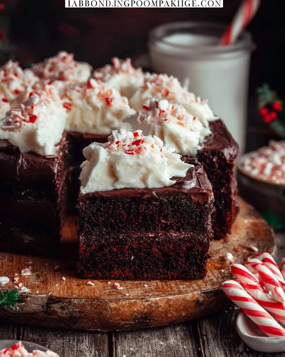 Delicious Peppermint Mocha Cake topped with chocolate and peppermint decorations
