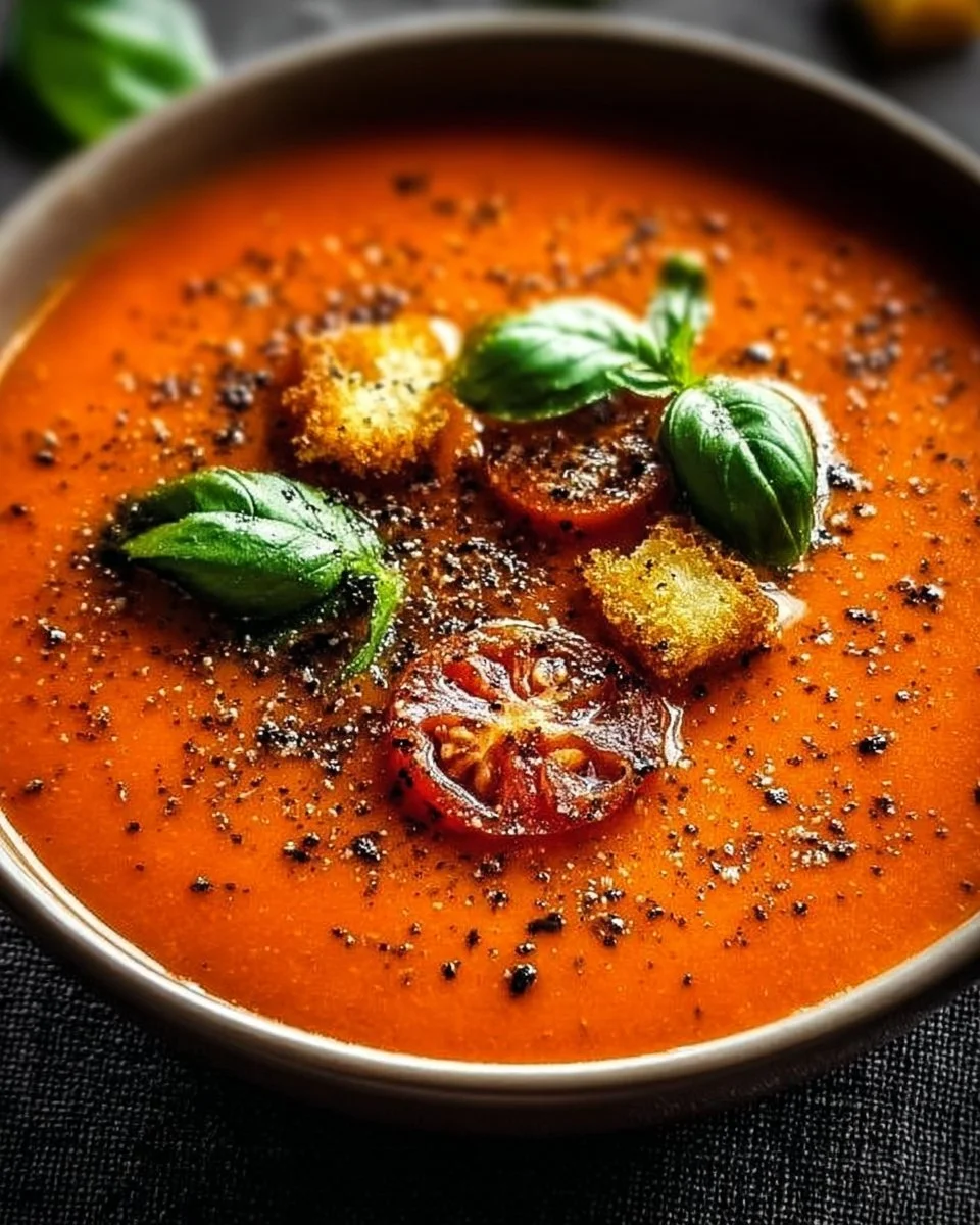 Bowl of perfect roasted tomato basil soup garnished with fresh basil leaves.