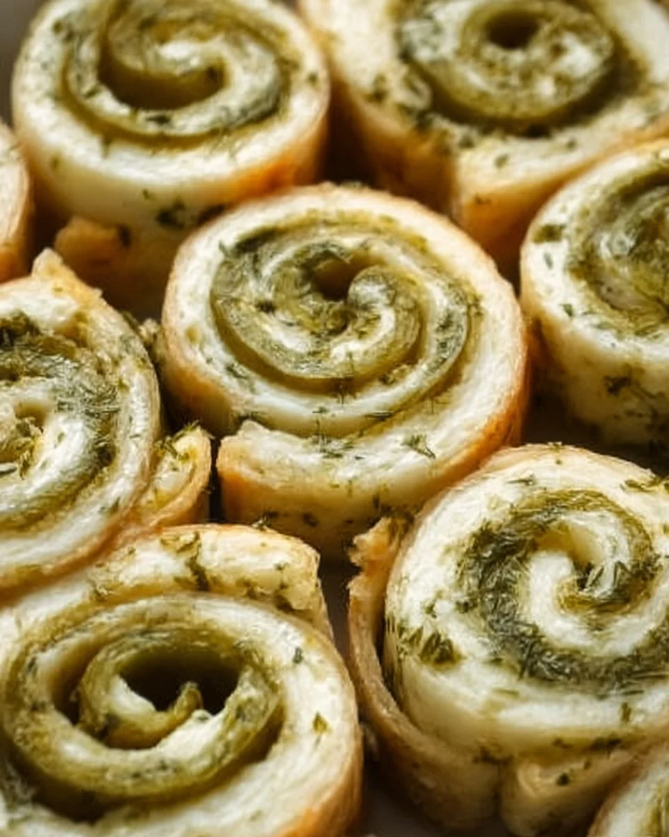 Delicious pickle dip pinwheels stacked on a serving platter