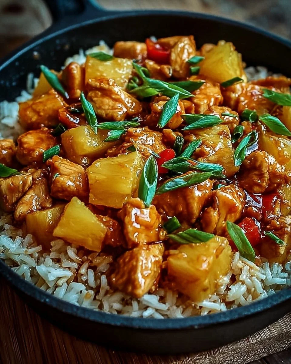 Delicious Pineapple Chicken and Rice Skillet presented in a colorful dish
