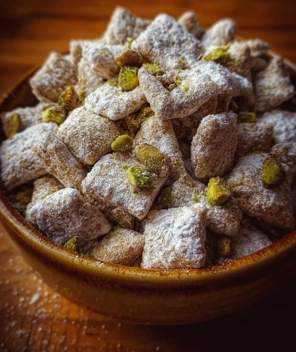 Delicious Pistachio Puppy Chow snack mix in a colorful bowl