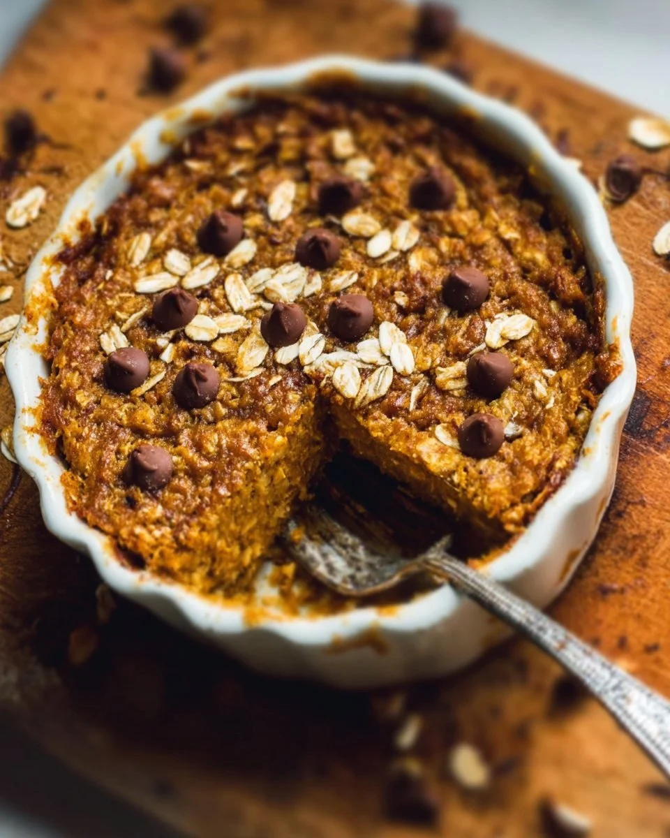 Delicious Pumpkin Baked Oatmeal topped with nuts and spices.