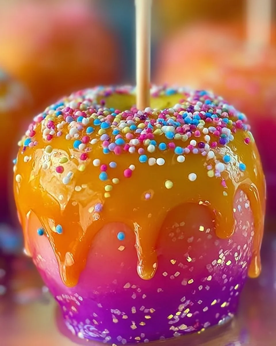 Colorful rainbow candy apples on a festival table