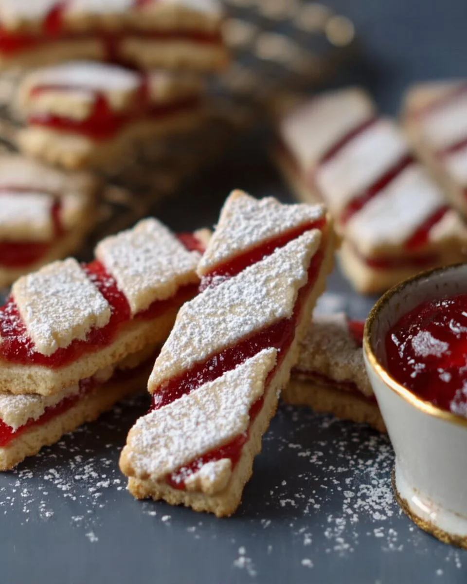 Easy and quick recipe for tender Linzer strips cookies with a candy cane look.