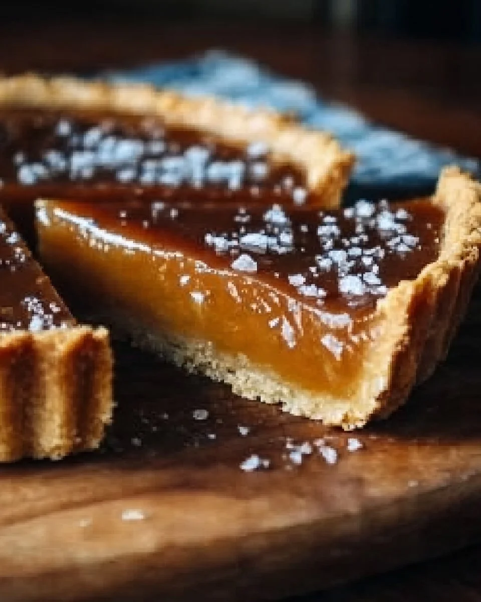 Delicious salted caramel tart topped with drizzled caramel and sea salt