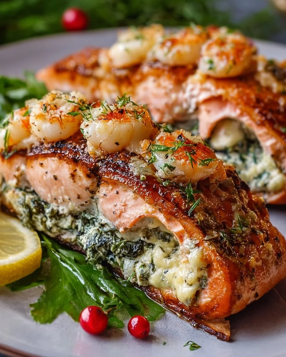 Deliciously prepared Seafood Stuffed Salmon with flavorful stuffing