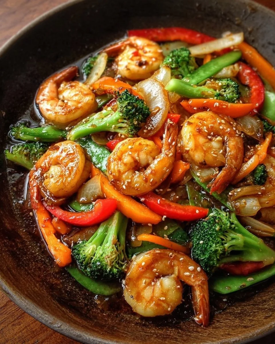 Colorful Shrimp Vegetable Stir-Fry with fresh vegetables in a wok.