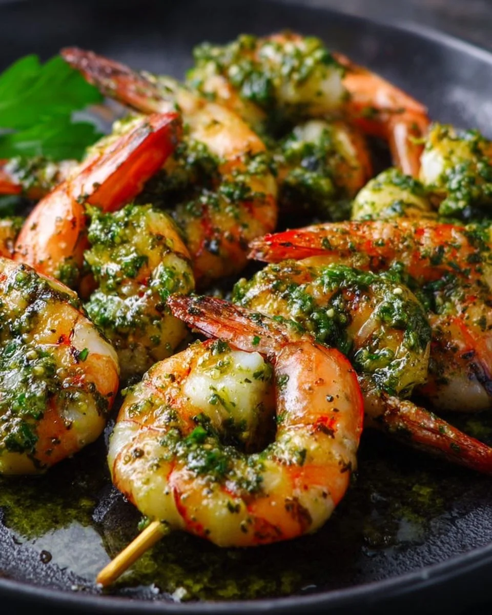 Plate of shrimp with pesto sauce and fresh basil garnish