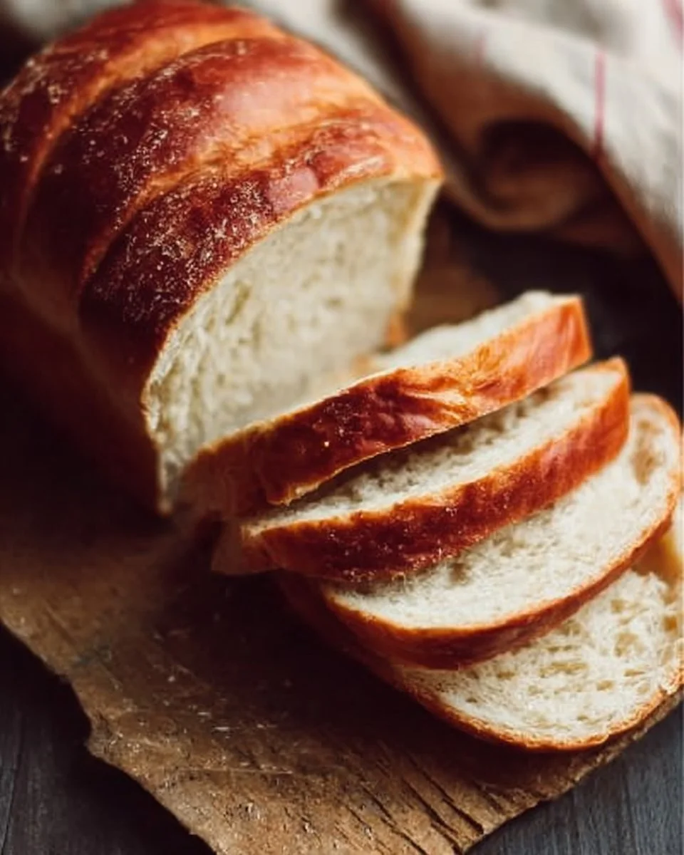 Freshly baked simple sandwich bread loaf on a wooden cutting board.