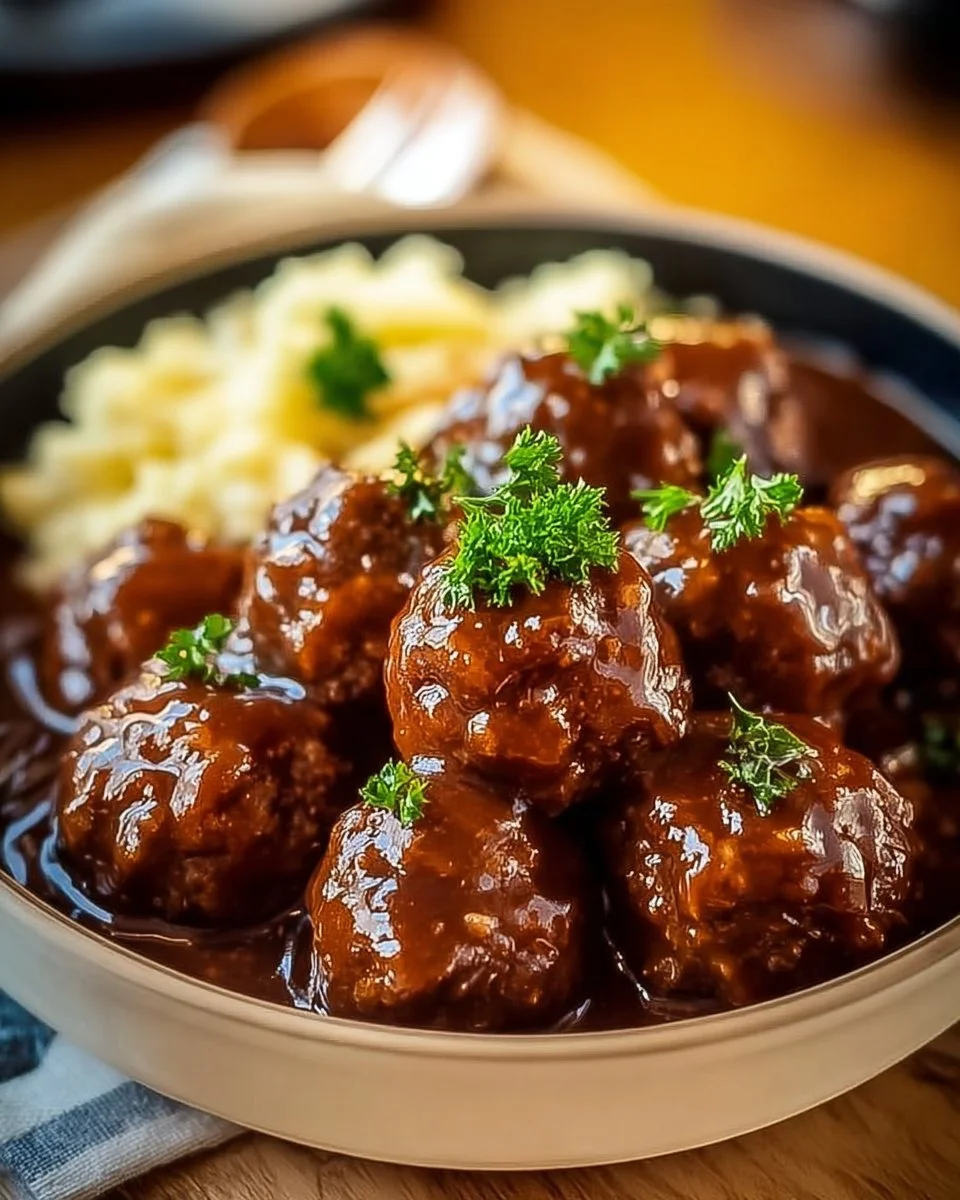 Slow Cooker Salisbury Steak Meatballs served with gravy on a plate