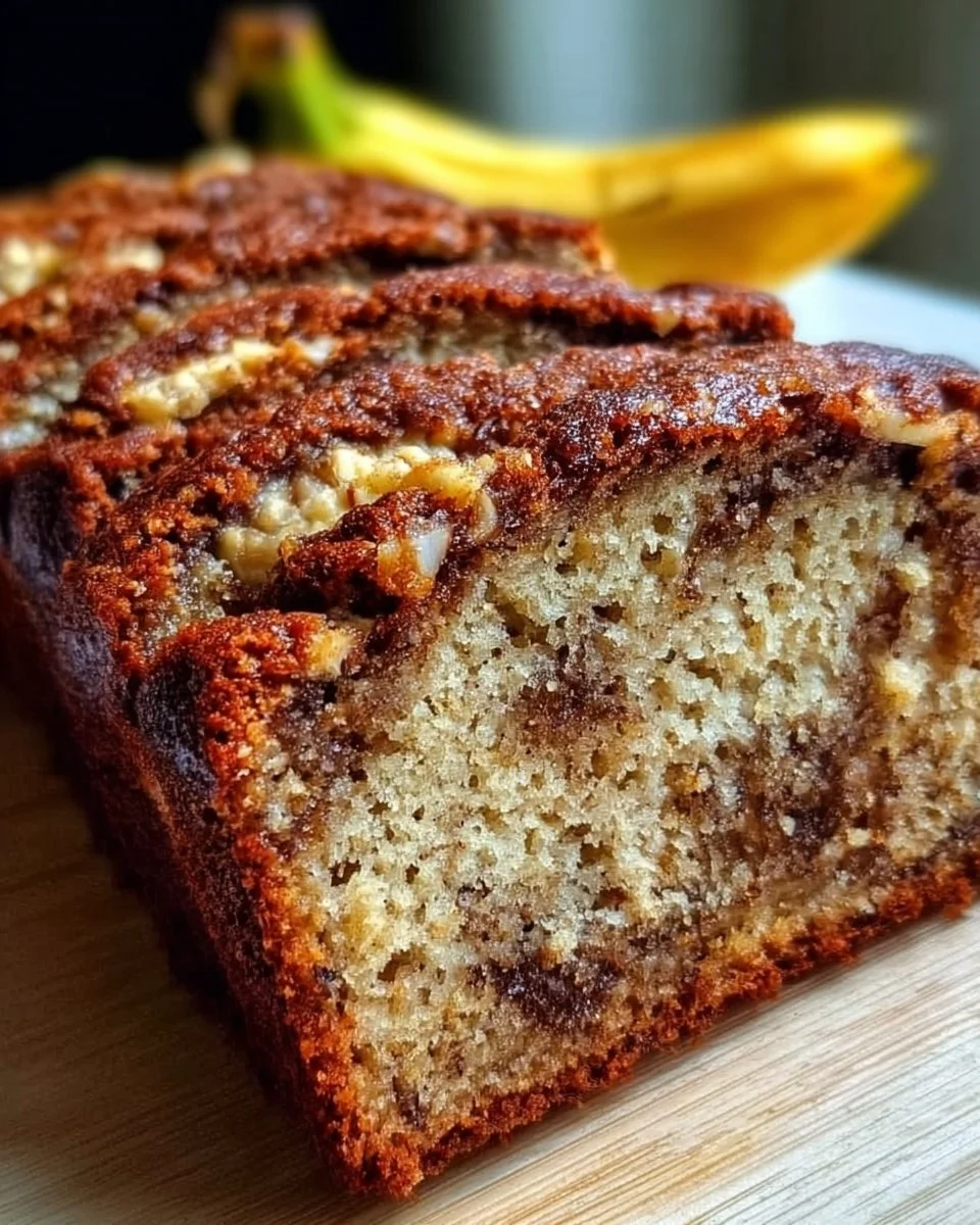 Slice of Southern banana nut bread with walnuts on a wooden table
