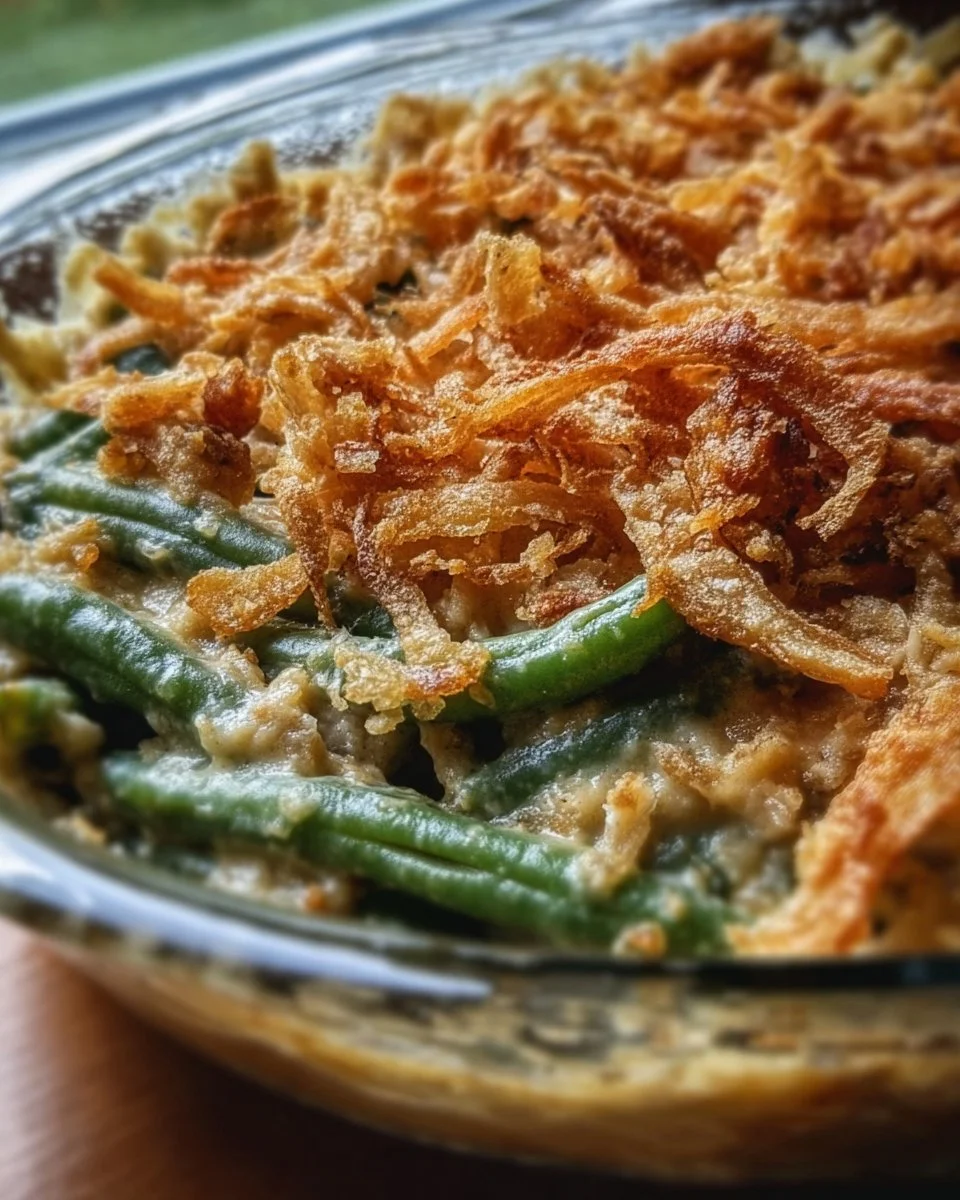 Delicious Southern-Style green bean casserole topped with crispy onions.