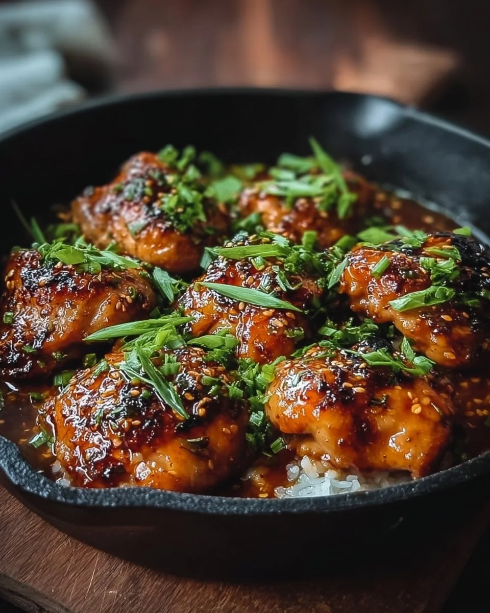 Spicy crispy skillet Bang Bang Chicken thighs served with garnishes.
