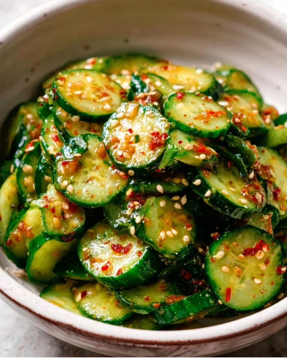 Spicy Korean cucumber salad mixed with red pepper flakes and sesame seeds