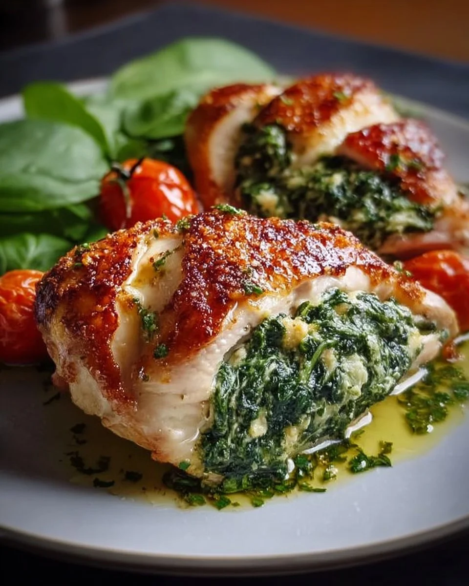 Delicious spinach stuffed chicken breast baked to perfection.