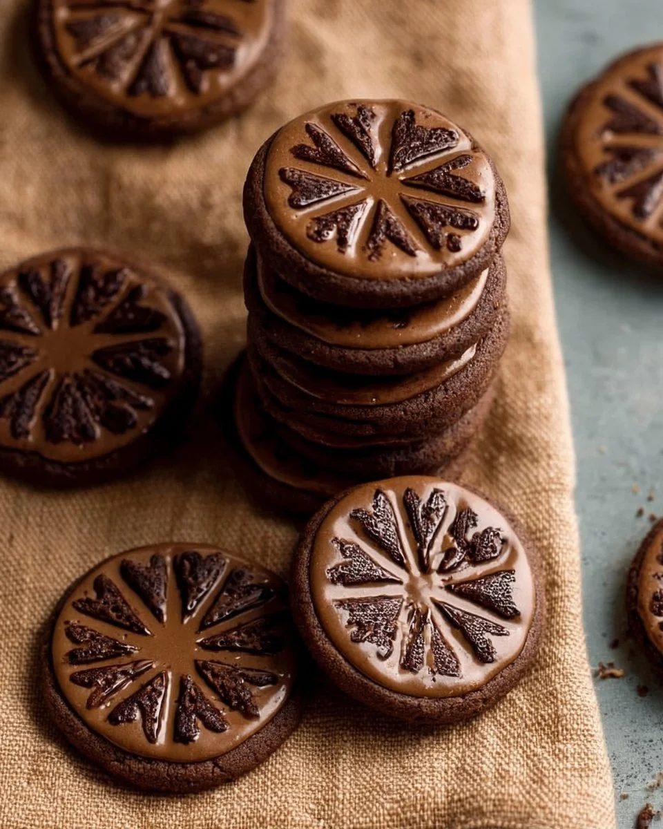 Freshly baked stamped chocolate espresso cookies on a cooling rack
