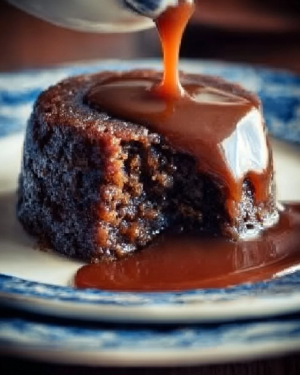Delicious sticky toffee pudding served with warm caramel sauce and whipped cream