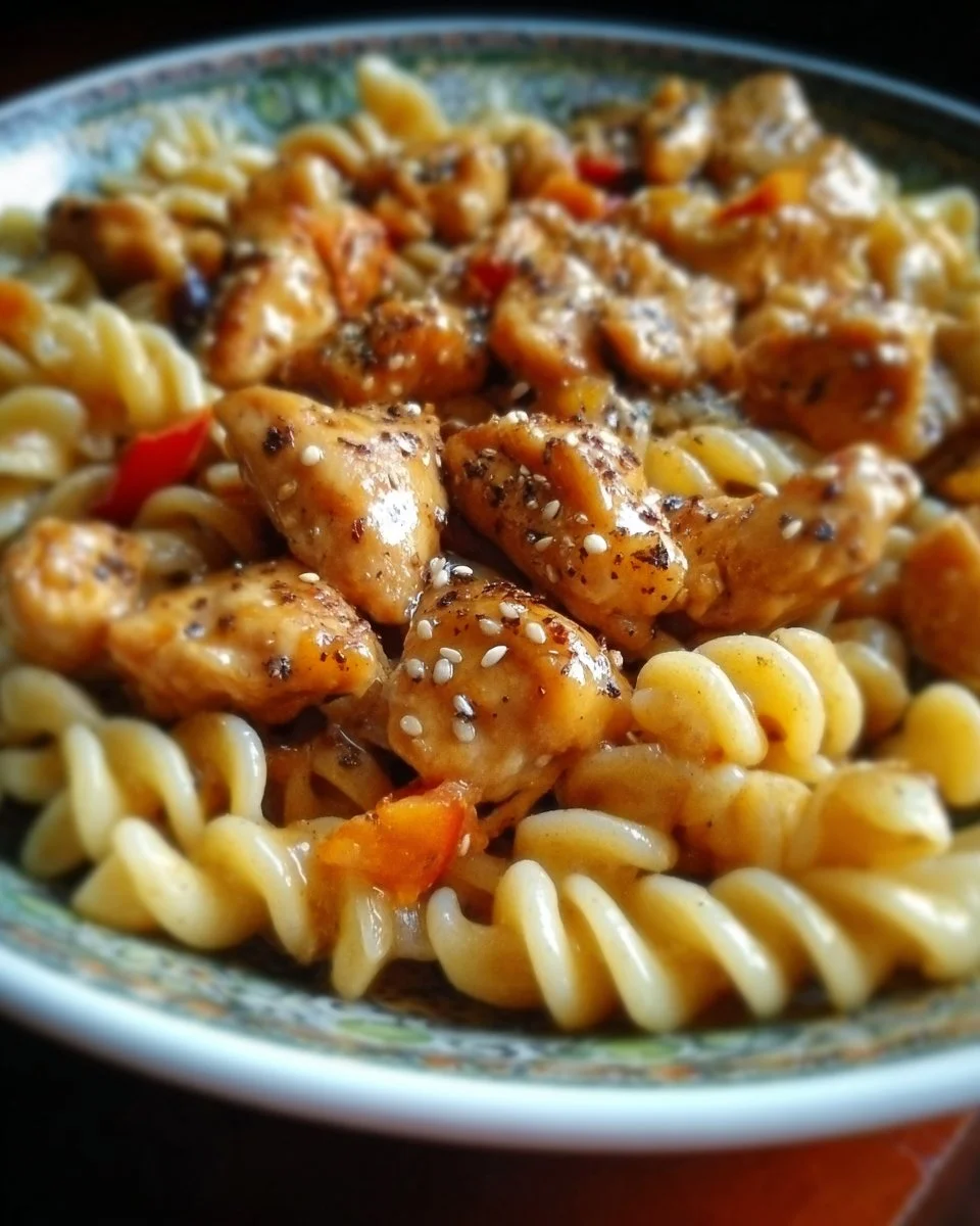 Delicious Honey Pepper Chicken Mac topped with fresh herbs and spices