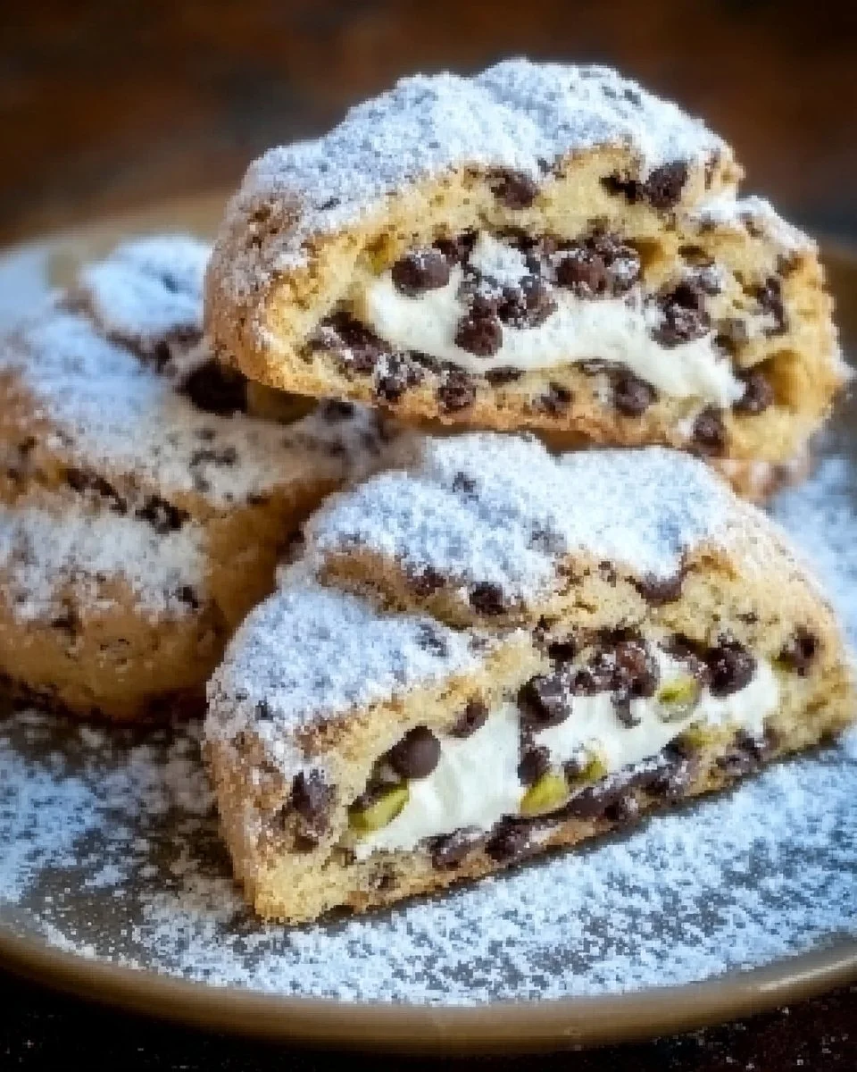 Delicious homemade cannoli cookies on a plate with chocolate chips and ricotta filling