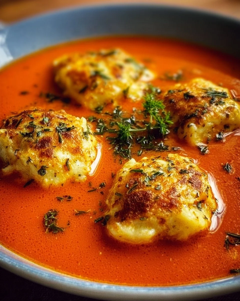 Delicious tomato soup with cheesy herbed dumplings in a bowl