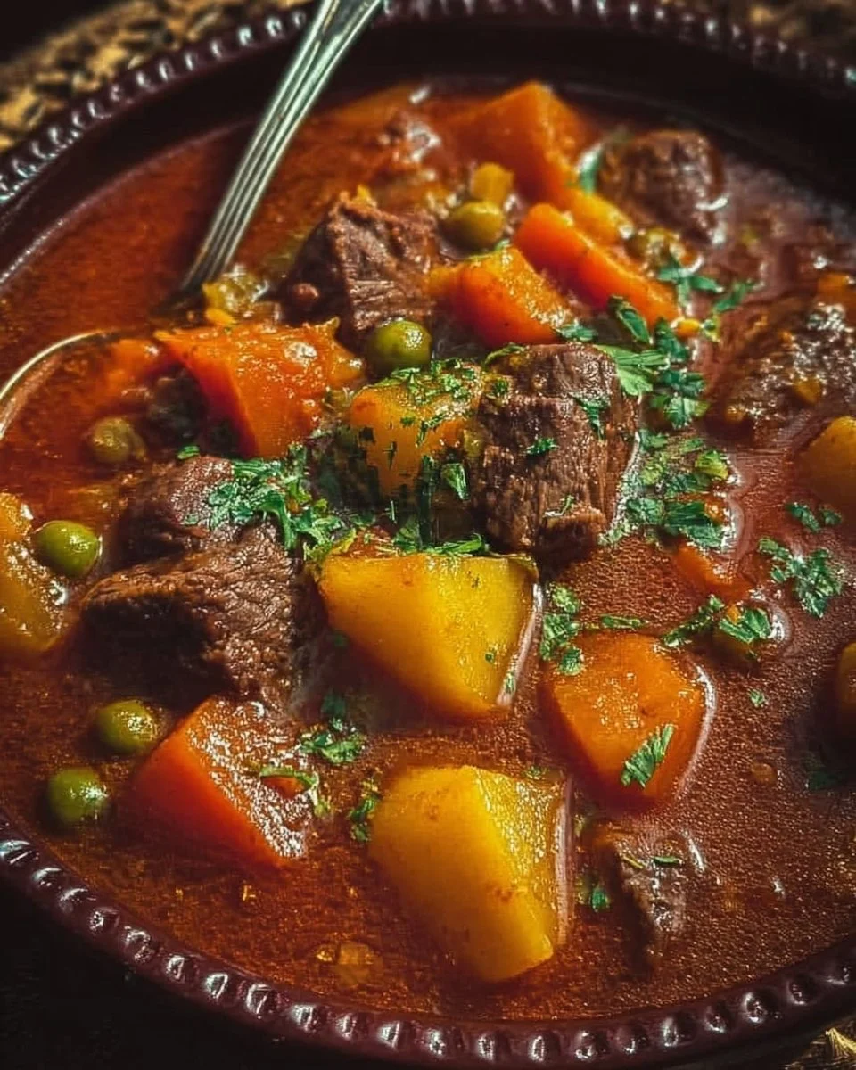 Bowl of traditional beef stew with vegetables and herbs