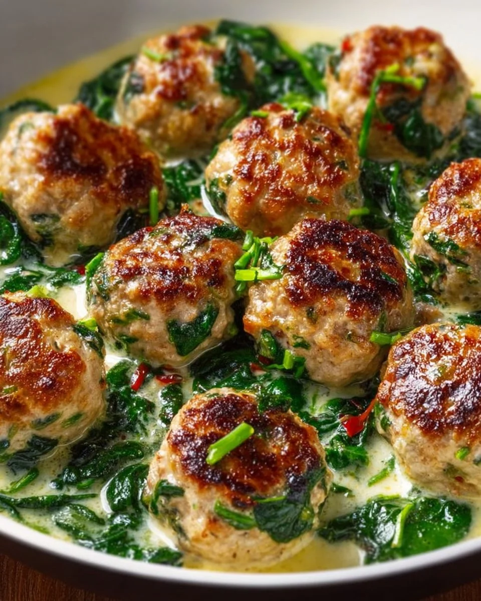 Delicious Turkey Meatballs with Spinach served on a plate
