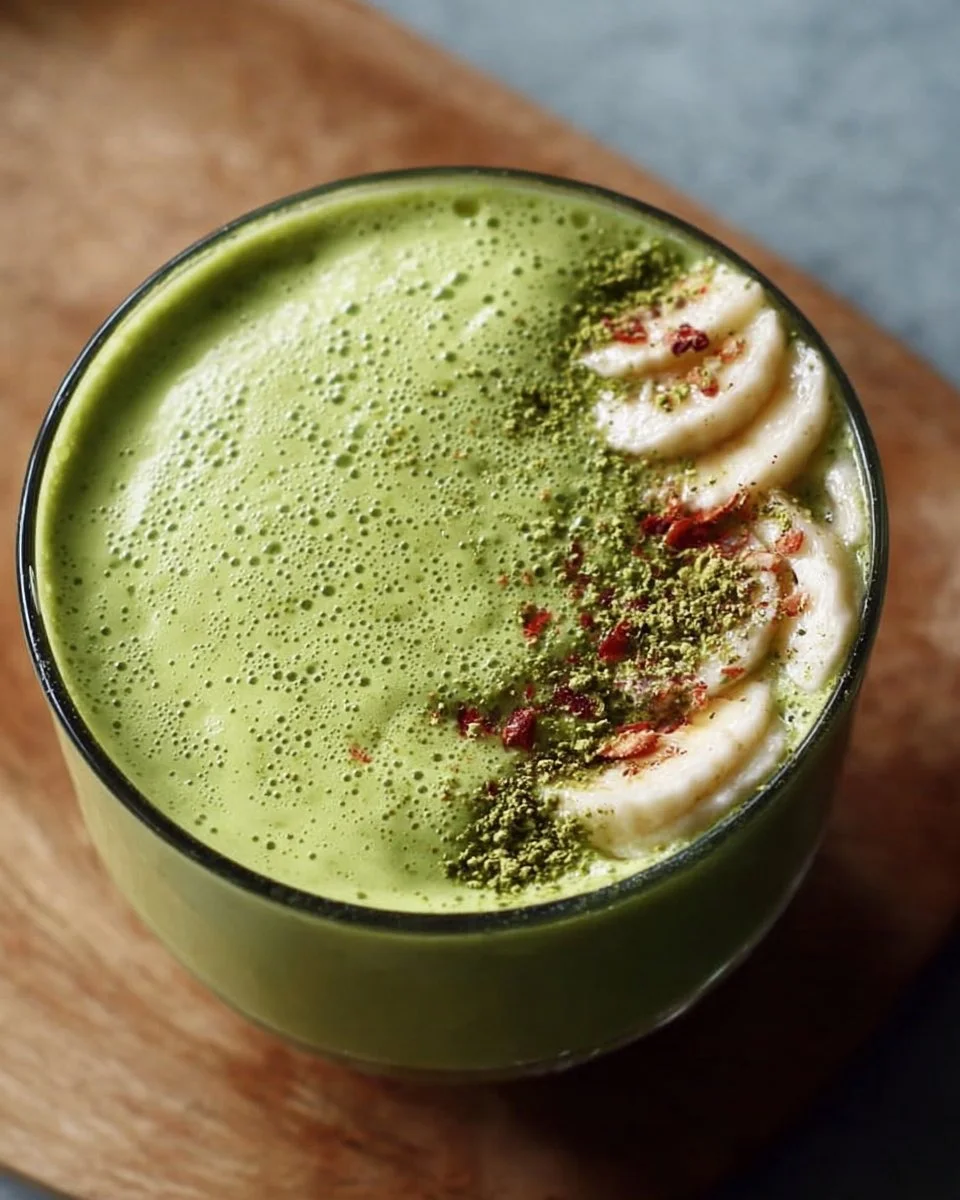 A vibrant green matcha smoothie in a glass surrounded by fresh ingredients.