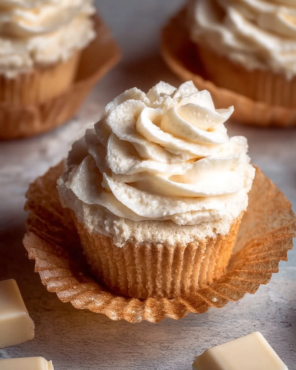 Delicious white chocolate cupcakes topped with creamy frosting
