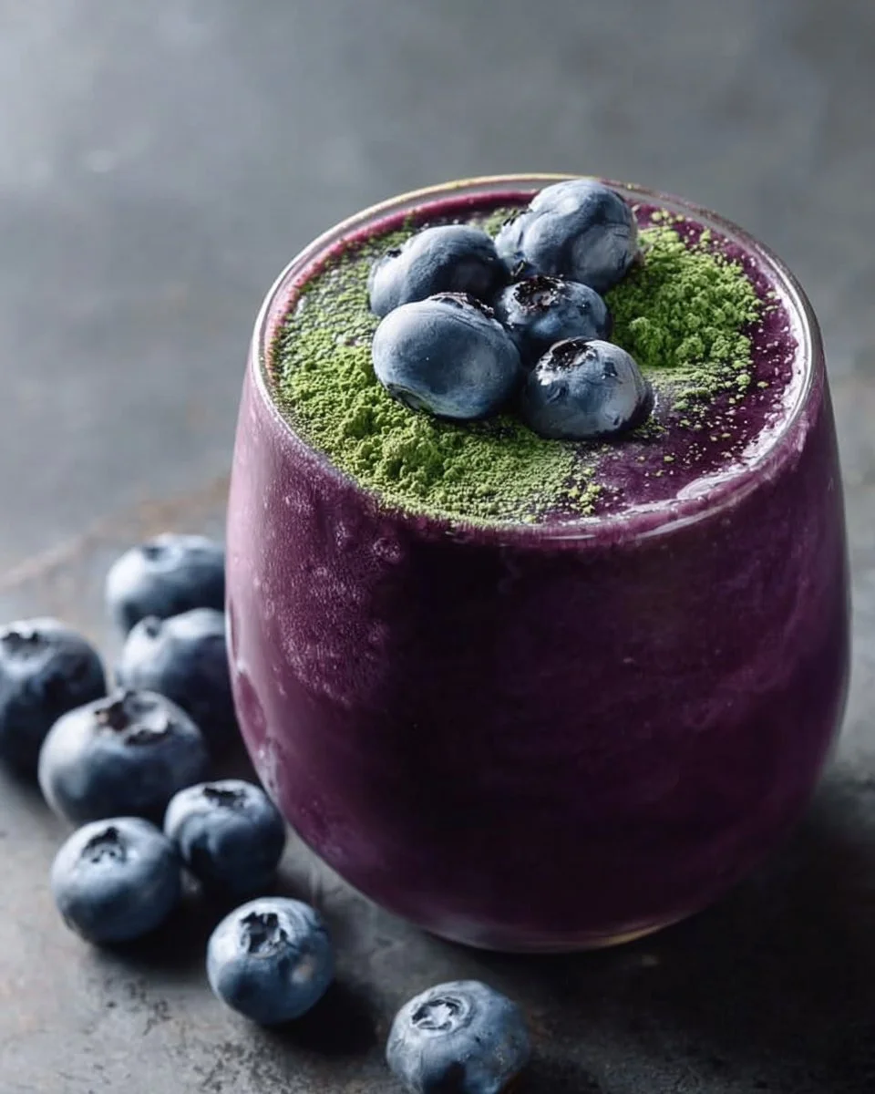Wild Blueberry Matcha Smoothie in a glass with fresh blueberries and matcha powder