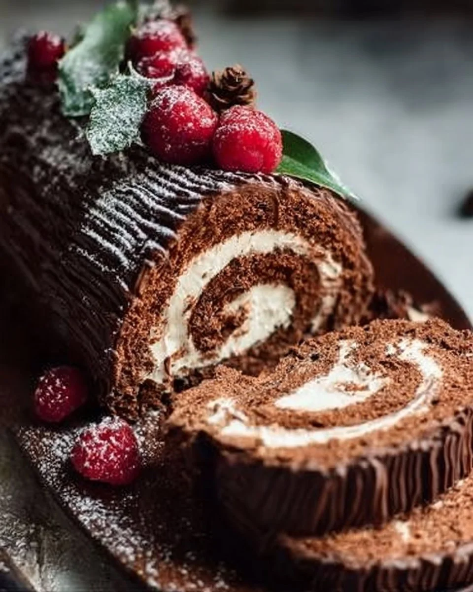 Delicious Yule Log Cake decorated for Christmas festivities