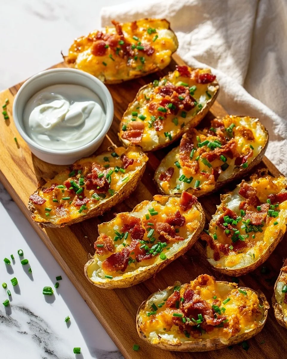 Air fryer potato skins served on a plate with toppings