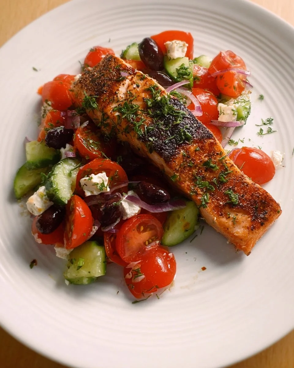 Air Fryer Greek Salmon served with Tomato-Cucumber Salad on a plate