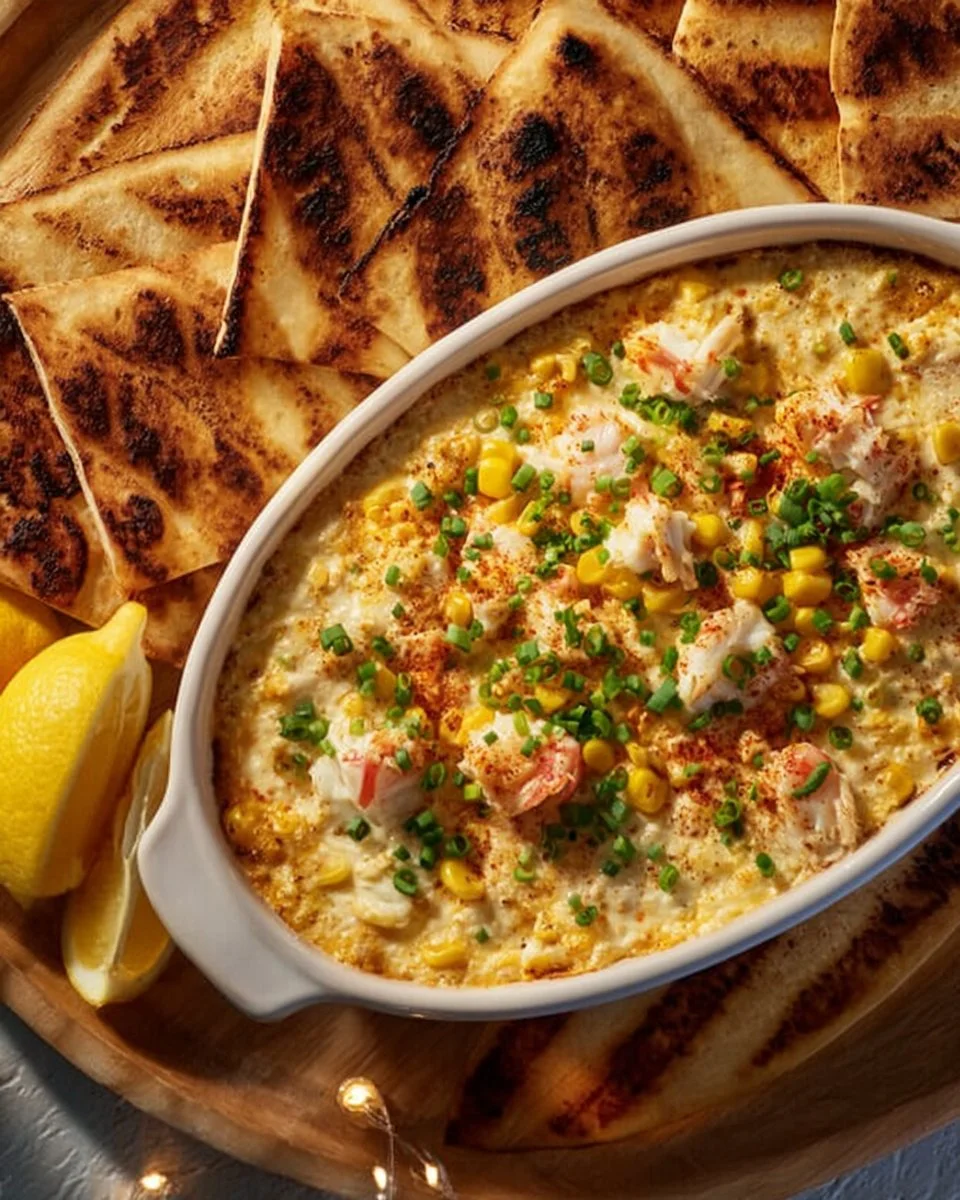 A delicious bowl of crab and corn dip served with tortilla chips for parties