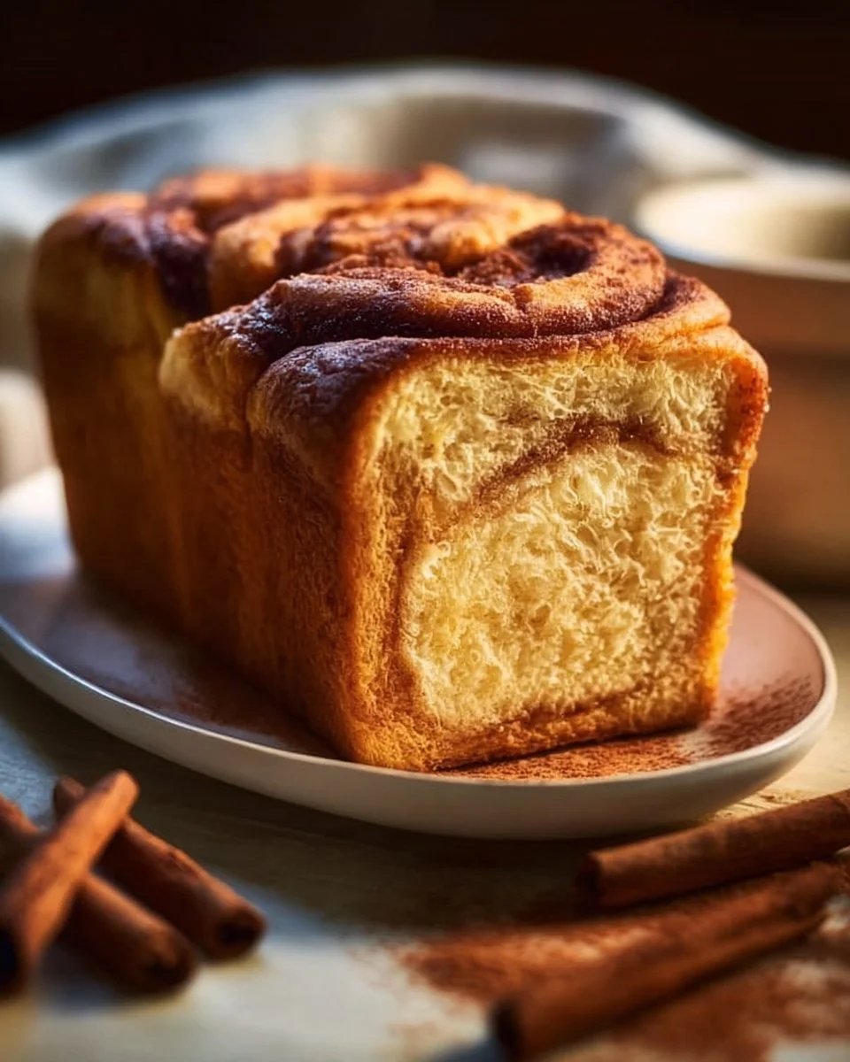 Loaf of freshly baked Amish Cinnamon Bread with a cinnamon swirl pattern