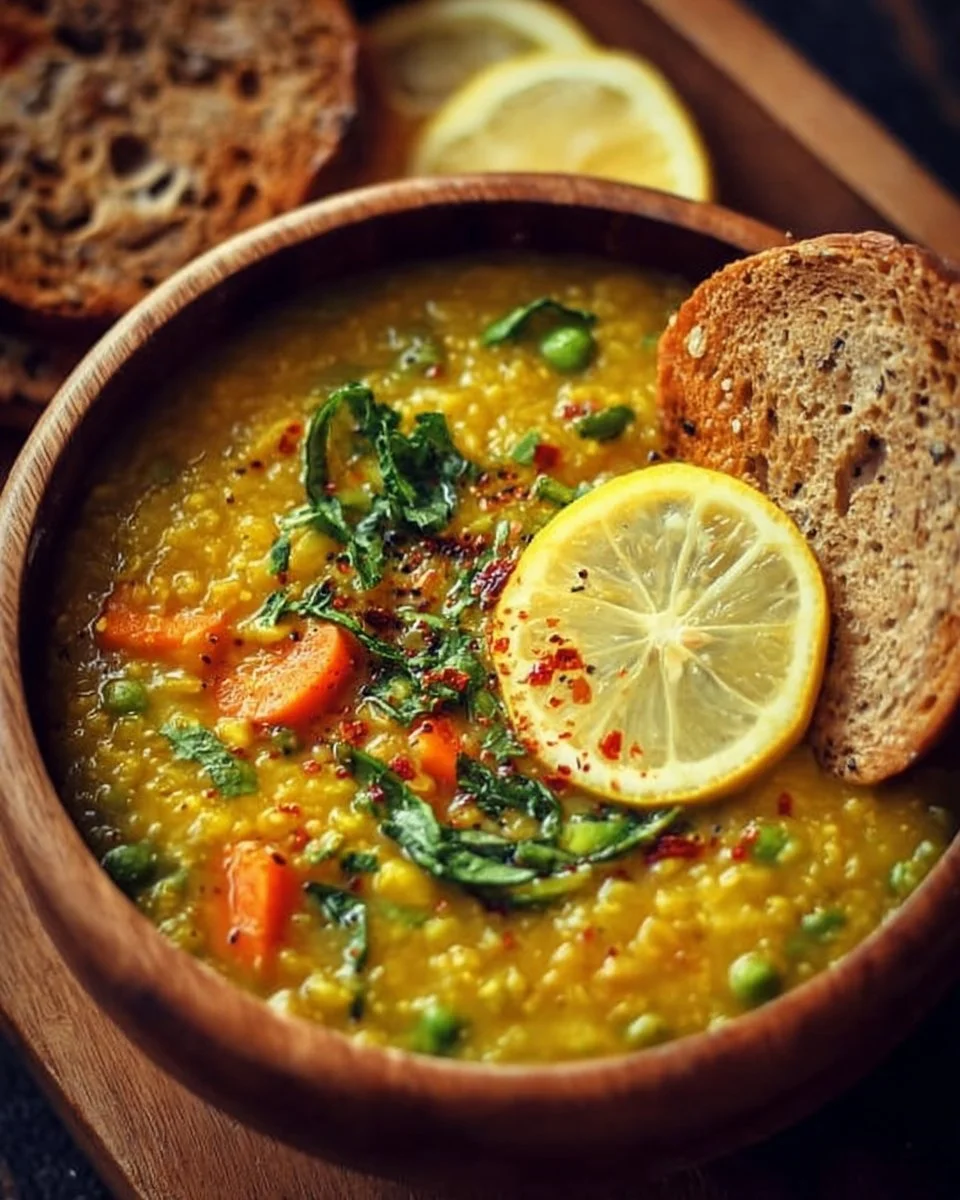 Bowl of anti-inflammatory golden lemon lentil soup with fresh herbs and lemon