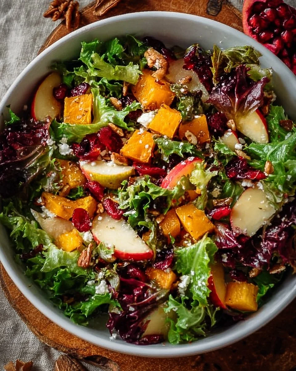 A vibrant Autumn Harvest Salad with seasonal vegetables and fruits.