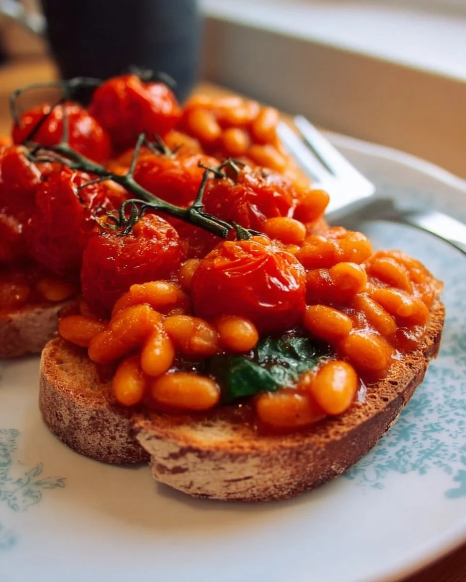 Baked beans on toast served on a plate with herbs and spices.