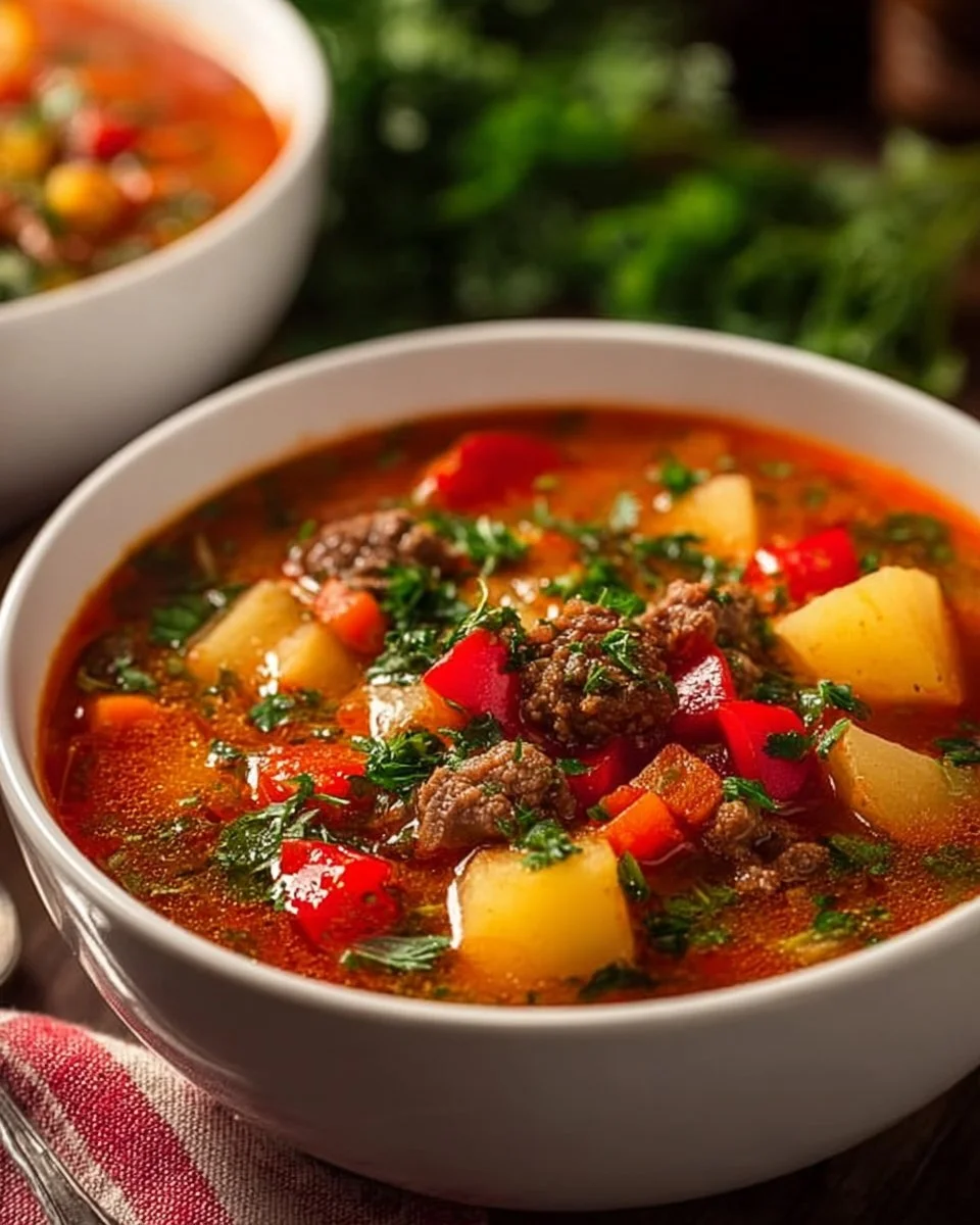 Delicious bowl of Instant Pot beef mince soup garnished with fresh herbs