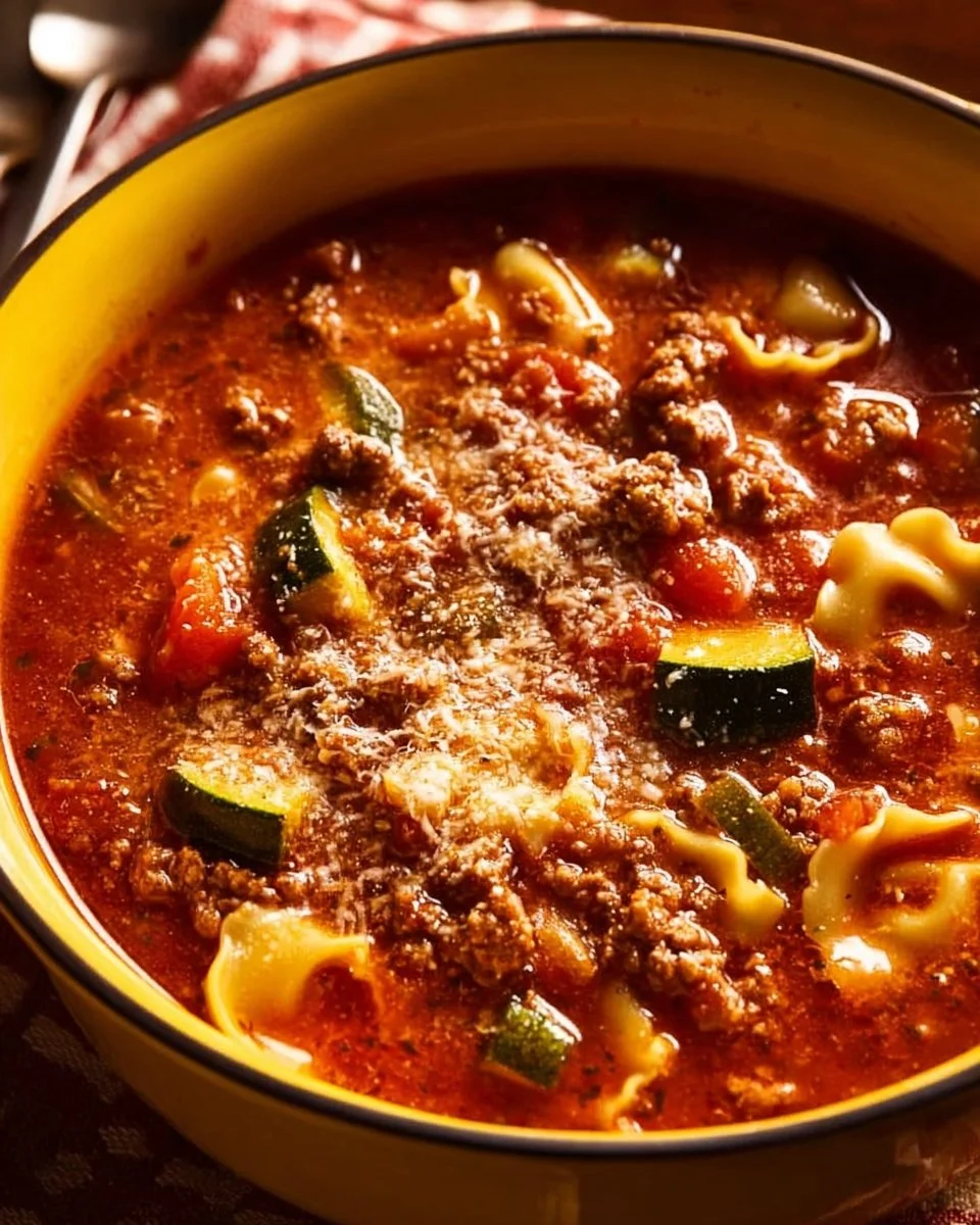Delicious bowl of lasagna soup without ricotta, garnished with fresh herbs.