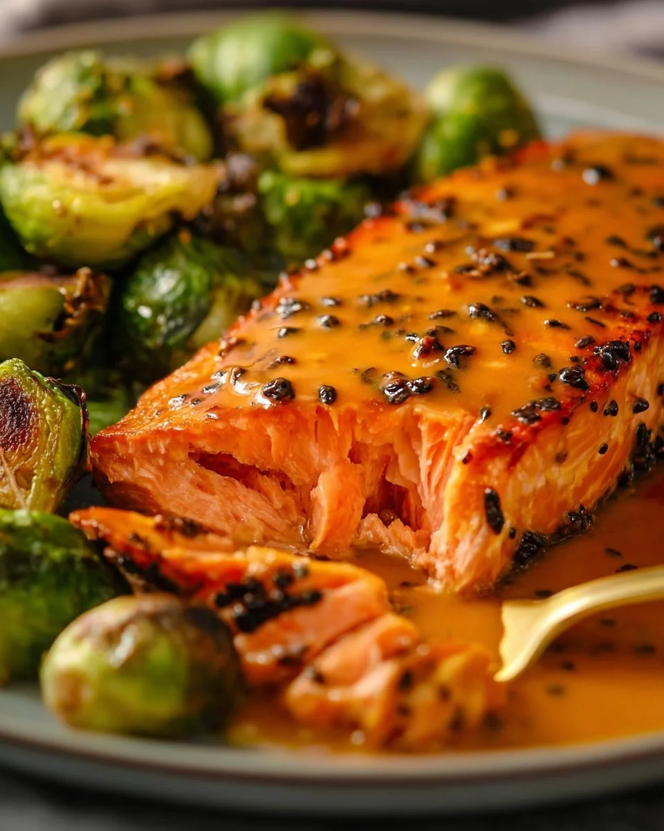Maple glazed salmon served with roasted Brussels sprouts on a plate