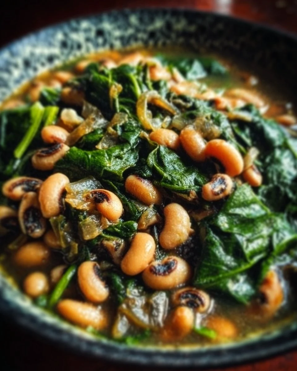 A healthy dish featuring black eyed peas and fresh spinach.