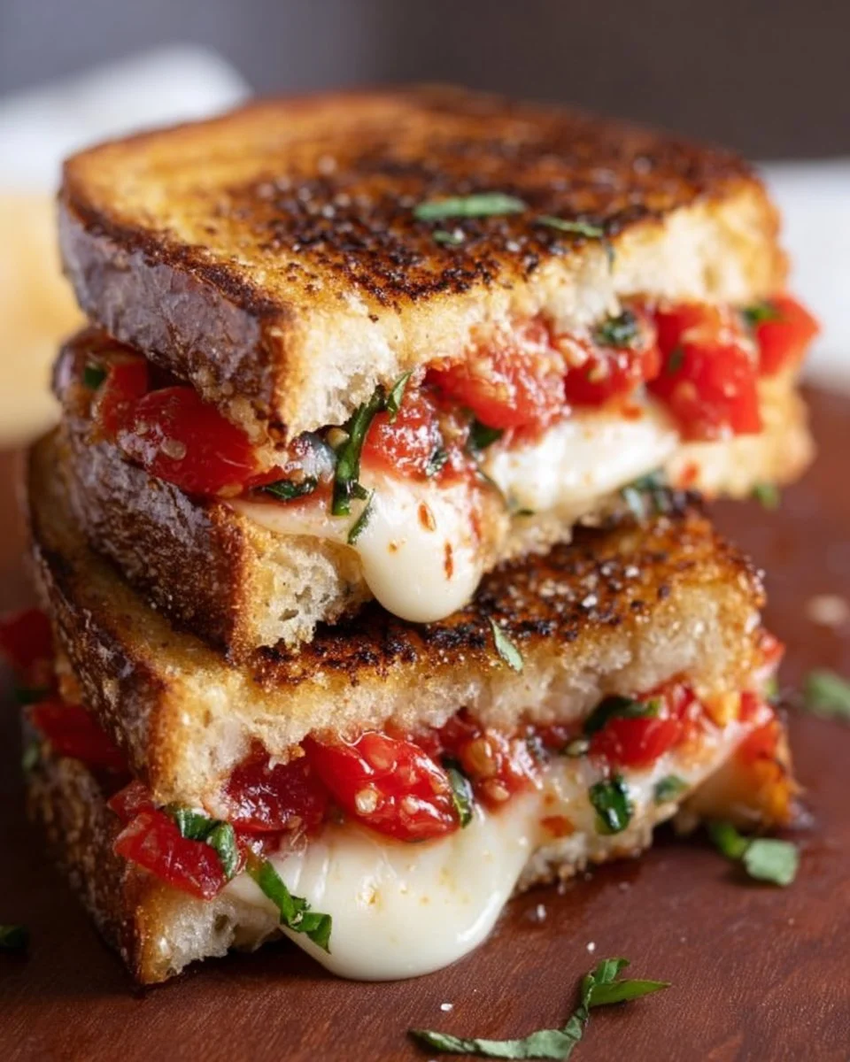 Bruschetta Grilled Cheese Sandwich with melted cheese and fresh toppings