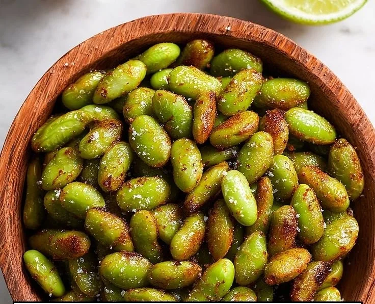 Bowl of Buffalo Roasted Edamame seasoned with spices