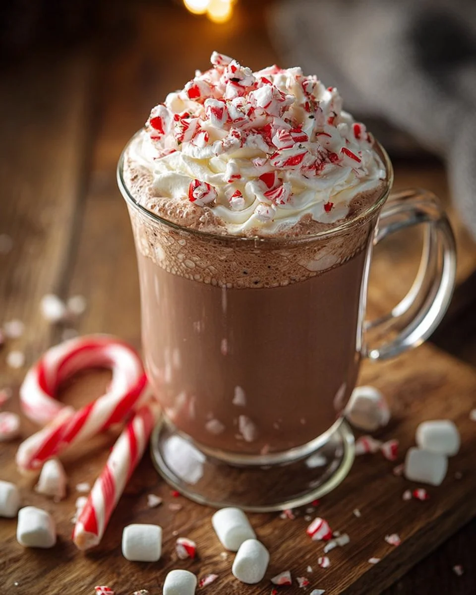 Delicious Candy Cane Hot Cocoa topped with whipped cream and candy cane sprinkles