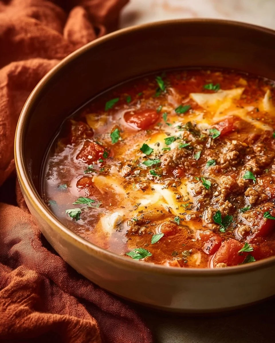 Cheesy crockpot lasagna soup served in a bowl with cheese and herbs